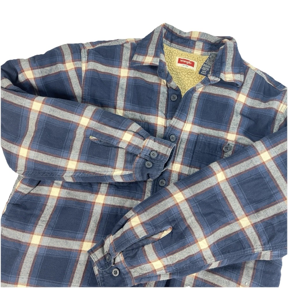 Wrangler Sherpa Lined Flannel Shirt Jacket Men Medium Blue Plaid Heavyweight